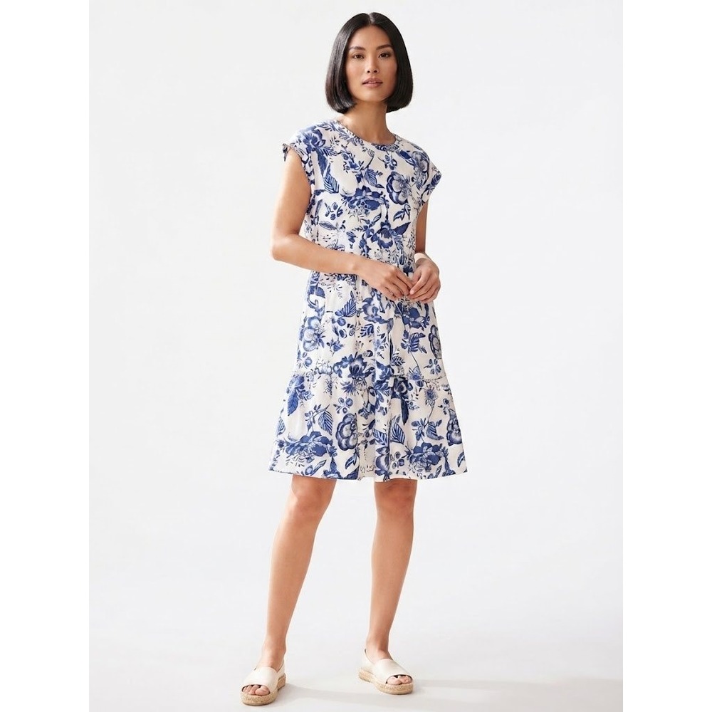 Wiholl Womens Blue White Floral Tiered Mini Dress Crew Neck Cap Sleeve Large